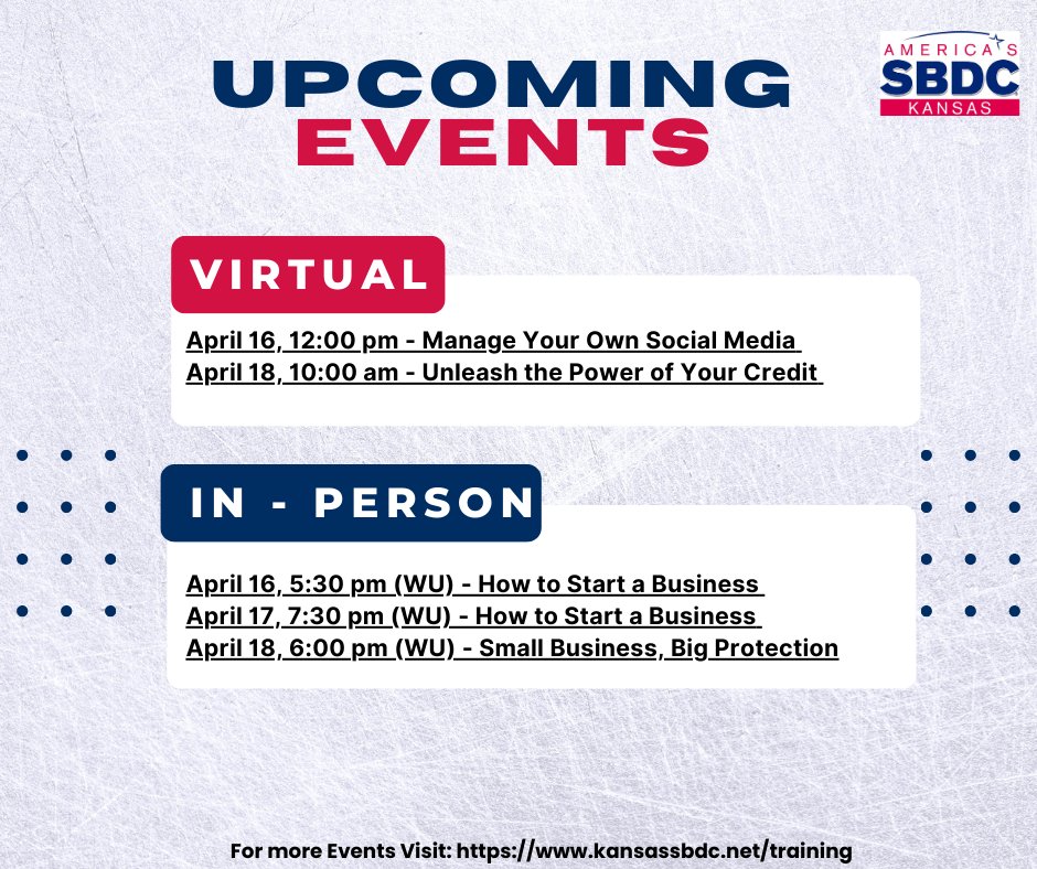 Reserve your spot for this week's events from Kansas SBDC! 
To view future events, visit kansassbdc.net/training 

*To view past webinar recordings, visit kansassbdc.net/ksbdc-webinars…
**Innovators/Inventors, visit kansassbdc.net/tech for additional special events just for you!