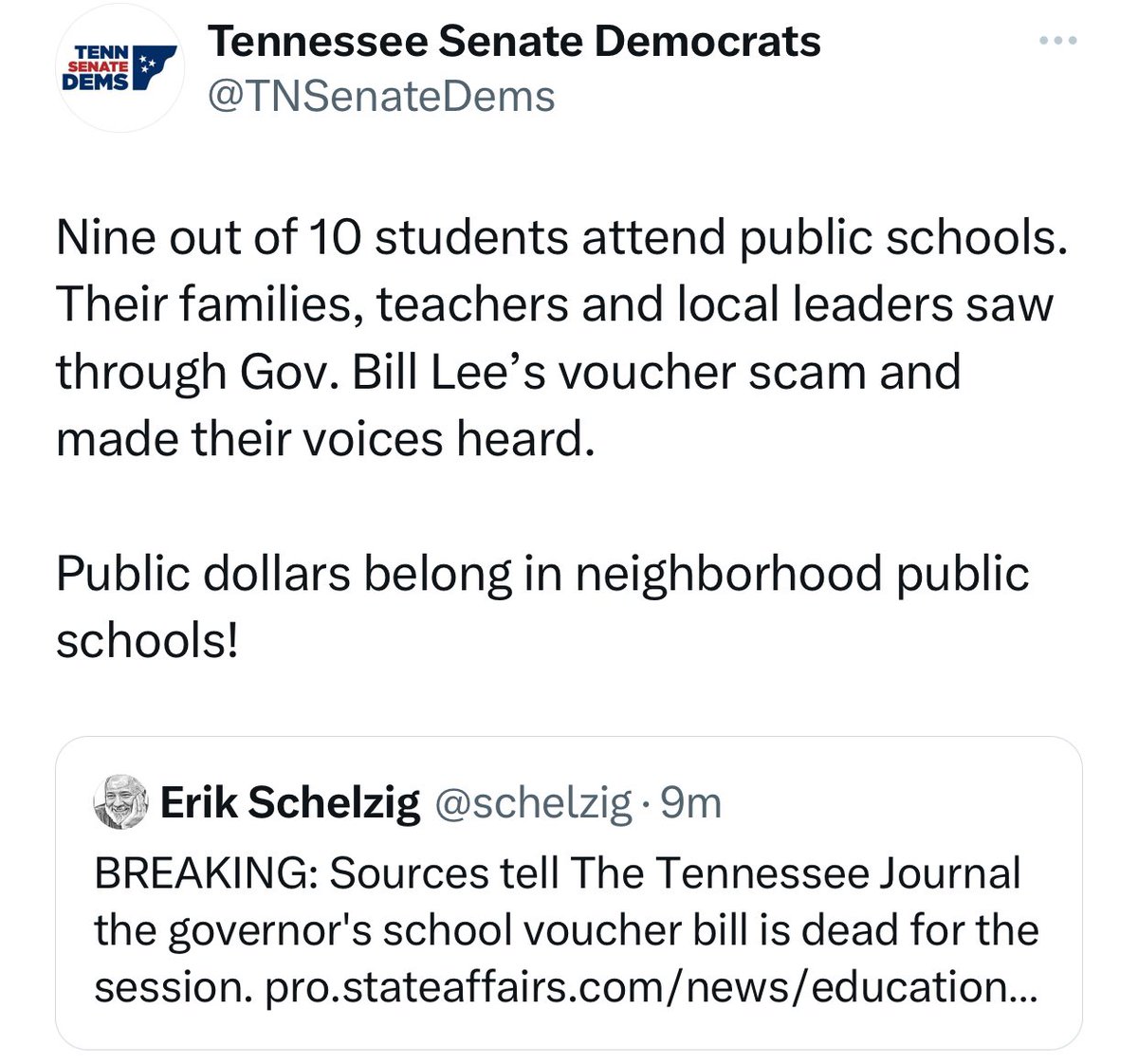 🚨 TENNESSEE UPDATE: Governor Lee’s voucher scam is reportedly dead Salute to all the parents, teachers, superintendents who spoke up. And the school boards and local officials who passed resolutions. You did it. You protected public schools. Give yourselves a hand 👏🏽
