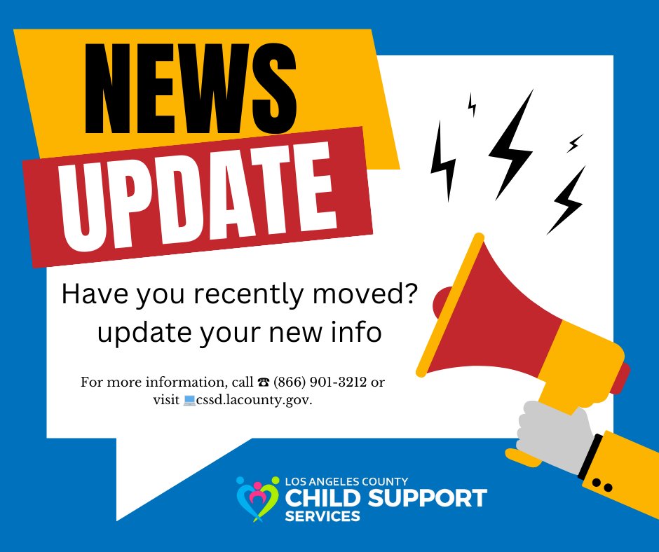 Moving to a new place? Make sure to keep your child support agency in the loop! Update your information with them to ensure a smooth transition and continued support for your little ones. ☎️(866) 901-3212 💻cssd.lacounty.gov #ChildSupport #NewBeginnings