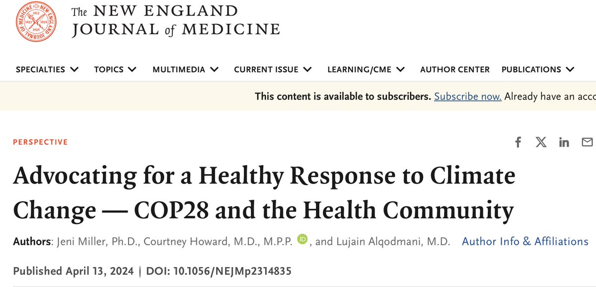 Clinicians influence not only the 4.6% of GHG produced by health care sector, but also their communities. 👉Between now & #COP29, health care pro. can lead by example + make sure that national leaders put health at center of climate-related decisionmaking. nejm.org/doi/full/10.10…