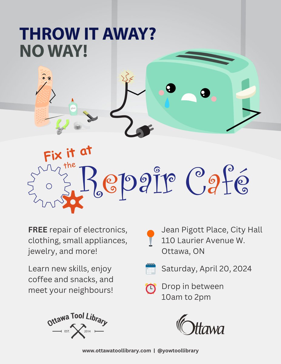 Throw it away? No way! In honour of Earth Day, the City of Ottawa is sponsoring a free Repair Café on Saturday, April 20 at Jean Pigott Place (Ottawa City Hall), 110 Laurier Avenue West. Visit ottawa.ca/WasteReduction for more details.