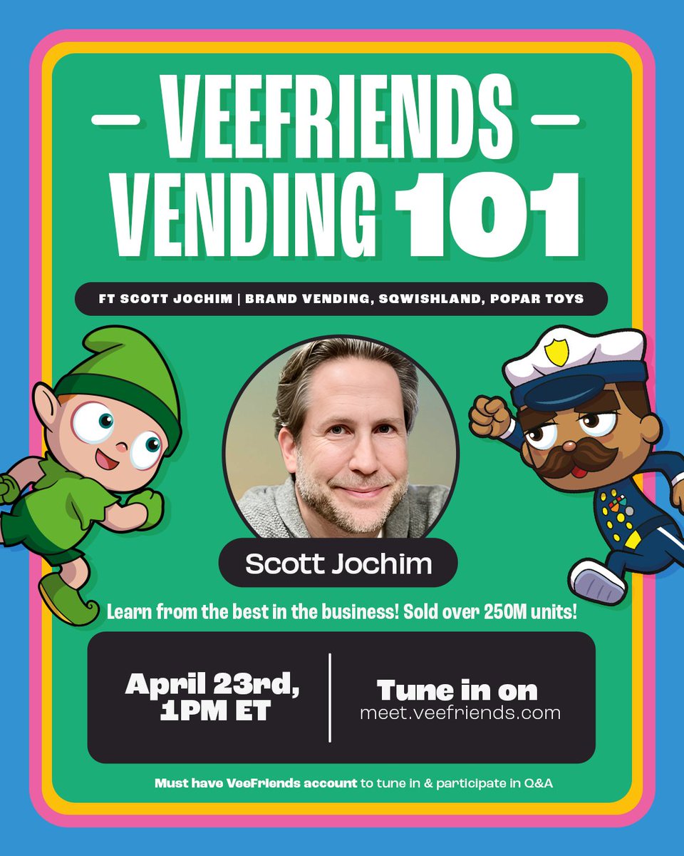 📢 Calling all Entrepreneurs! Join us on next Tuesday at 1PM ET as @ScottJochim headlines the VeeFriends Vending 101 informational panel designed to educate on all things VeeFriends Vending. 🗓️ Tuesday April 23rd, 1PM ET 📍 meet.veefriends.com/ziw-wxiu-svc