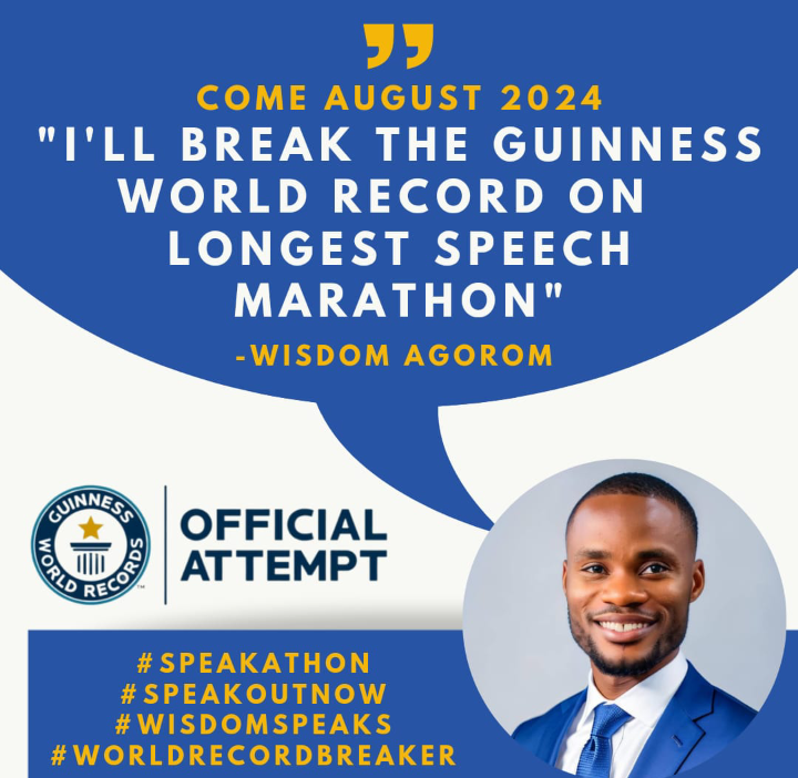 WisdomAgorom1's tweet photo. In August, my team and i would set a new Guinness World Record for the longest speech Marathon @150 hours. 

 This Speech Marathon is aimed at the global rejuvenation of the Speaking and Reading culture in Nigeria, Africa and the World.

#wisdomspeakathon24
#speakoutnow24 https://t.co/OblSbQicNF