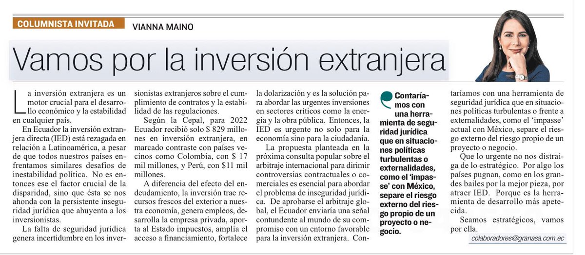 vmaino's tweet photo. Los invito a leer mi columna de opinión en @Expresoec sobre la importancia de la inversión extranjera en el 🇪🇨  La propuesta de aprobar el arbitraje internacional, como se plantea en la próxima consulta popular, es esencial para abordar el problema de la falta de inversión extranjera. Al desvincular lo político de la institucionalidad y la seguridad jurídica, se crearía un ambiente más propicio para las inversiones extranjeras.

https://t.co/bUEkw2I3nf
