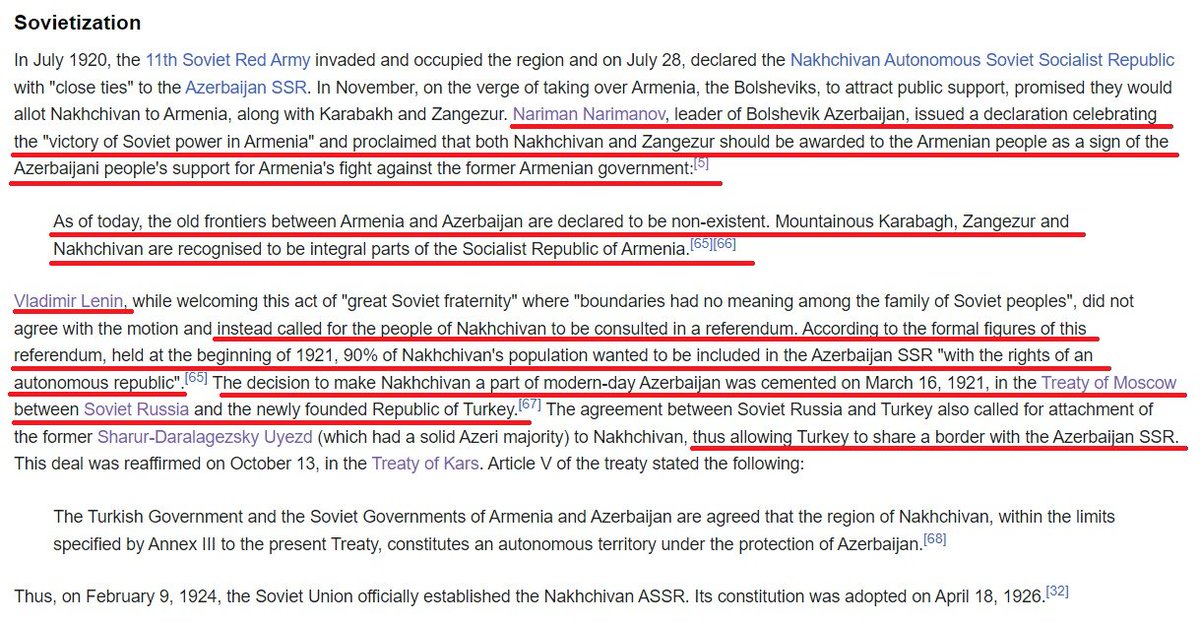@TengriciTurk81 Sovyet Azerbaycanı Başbakanı Neriman Nerimanov, Ermenistanda Sovyet Hükümetinin başa gelmesi üzerine Karabağ,Zengezur ve Nahçıvan bölgelerini Ermenistan'a vermeyi teklif etmişti.Ama tabi bu durum,Moskova Antlaşmasıyla engellenmiş oldu. Lenin hatta Nahçıvanda referandum yaptırıyor