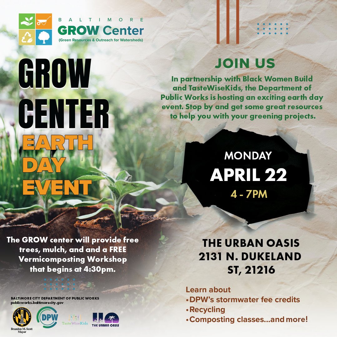 Don’t miss out on free supplies and information! ☝️Attend our upcoming GROW Center events on April 20 from 9AM-12PM, and April 22 from 4PM-7PM to get some great resources to help with your greening projects. 🌱 Register👇 publicworks.baltimorecity.gov/grow-center