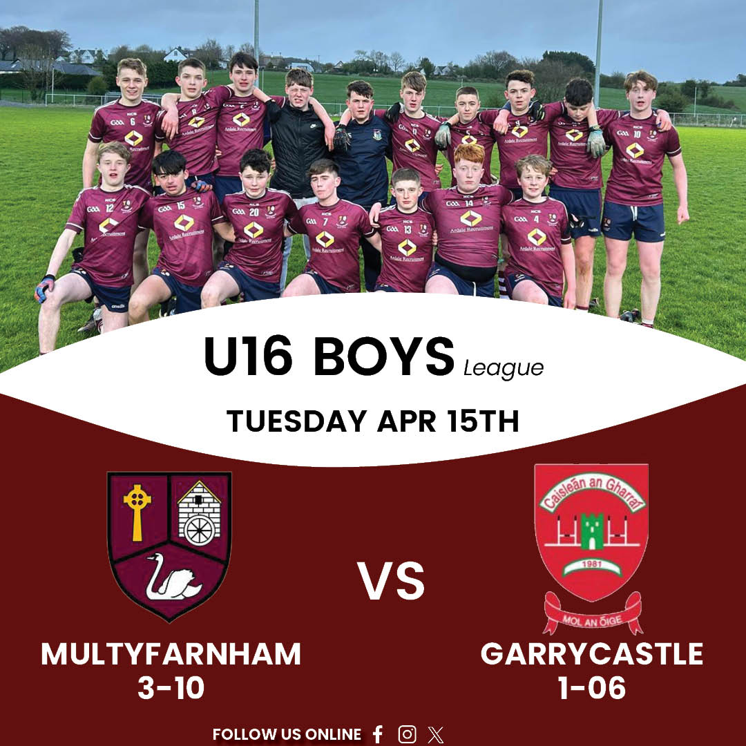 Congratulations to our U16's who had a good win this evening against <a href="/gaagarrycastle/">Garrycastle GAA</a> this evening .

Multy 3-10 Garrycastle 1-6

#MultyfarnhamGAA #u16Football #GAACommunity #GrassrootsFootball #Multyfarnhamu16s