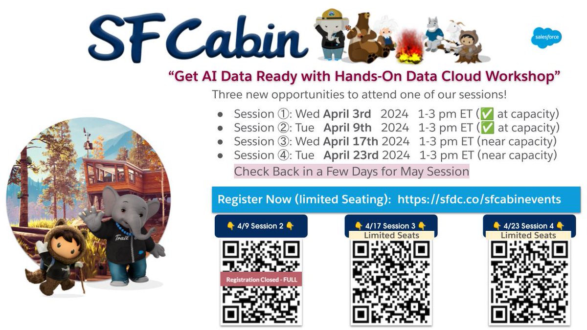 Big News❗️Opening up additional Seats on our upcoming @Salesforce #DataCloud Hands-on Sessions for Apri 17 and April 23 ( 🤳Limited Seats)
You can find links to the events and registration here: sfdc.co/sfcabinevents. 
Agenda: 
You will be learning some fundamentals of Data