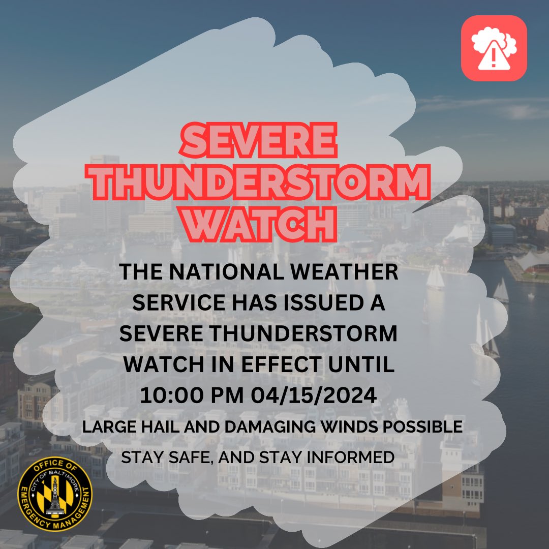 Baltimore City Residents: 

The National Weather Service has issued a Severe Thunderstorm Watch that is in effect until 10:00 PM today Monday, April 15, 2024. @

•Large hail, and damaging winds are possible. 

•Stay safe, and stay informed.  

#baltimoreweather #baltimorecity