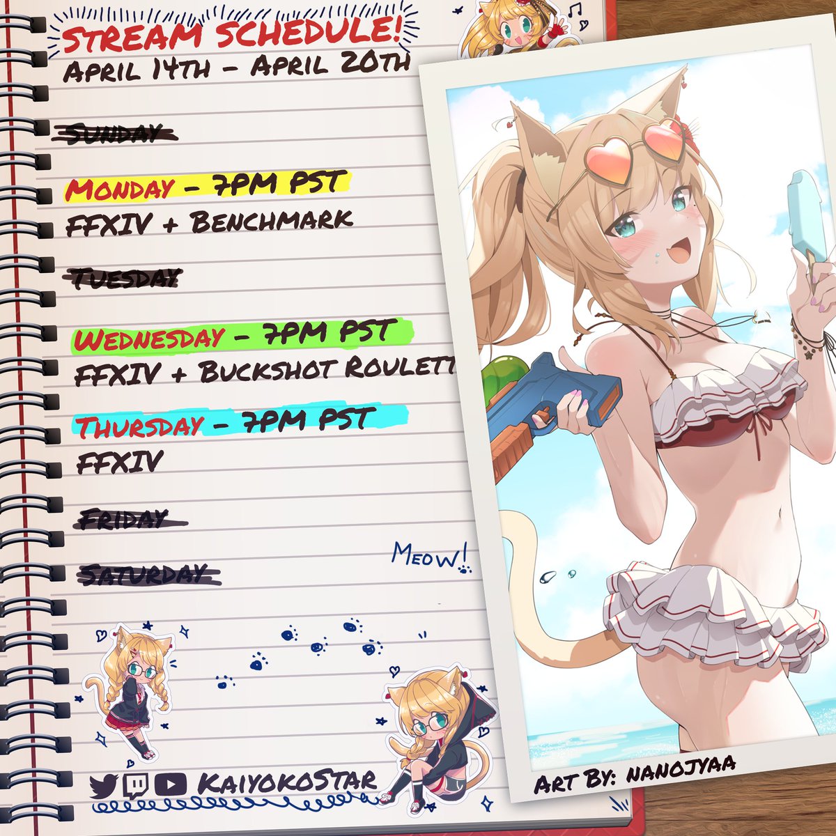 Stream Schedule for the week of 💫 📅 April 14th - April 20th Playing with the Dawntrail benchmark on Monday, checking out Buckshot Roulette's update on Wednesday after from FFXIV, and then Fashion Report + FFXIV on Thursday~