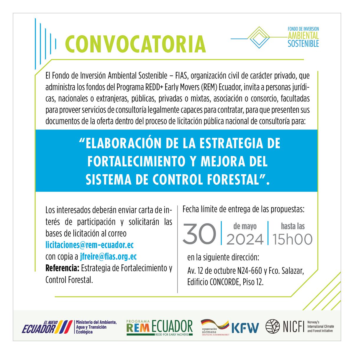 EcuadorFias's tweet photo. 📢 #Convocatoria para participar en el proceso:

"Elaboración de la Estrategia de Fortalecimiento y Mejora del Sistema de Control Forestal".

👉🏼 Mayor información en: https://t.co/nzJXg3ioQx https://t.co/4SgF2LuO9s
