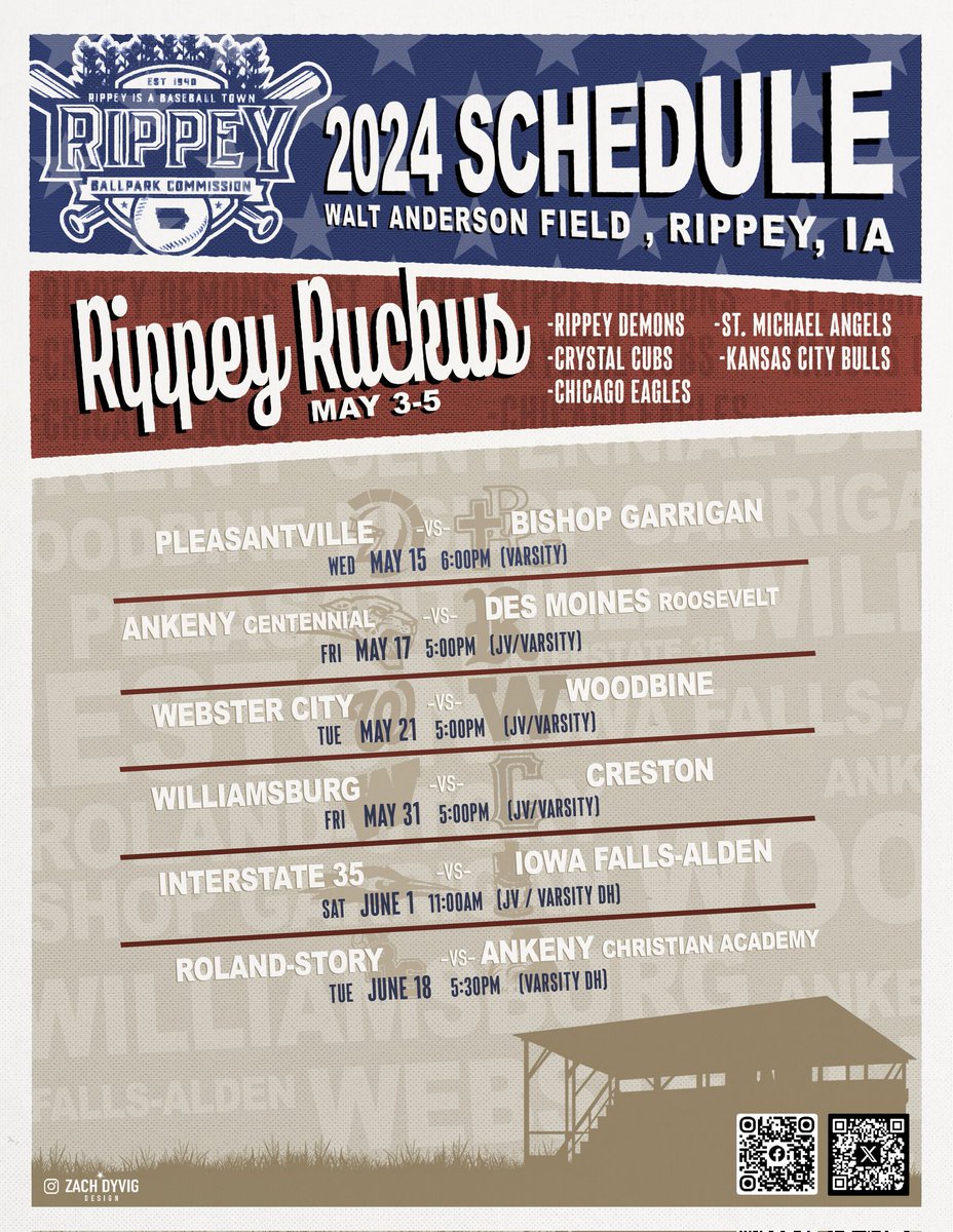 Rippey_Baseball's tweet photo. Our 2024 schedule is set.  
Starts out with RuckusIV 
HS Teams competing are:
@HsPleasantville @BGHSBseball
@ACJagbaseball @rrridersbball
@BaseballWCLynx @Tigers_bsball @WBurg_Raider_BB @BaseballCreston @TheI35RR @IFABaseball @ACABaseball1 @rsnorsebaseball 
@iabaseball1 @iahsbb https://t.co/Fp0oPG7n8X