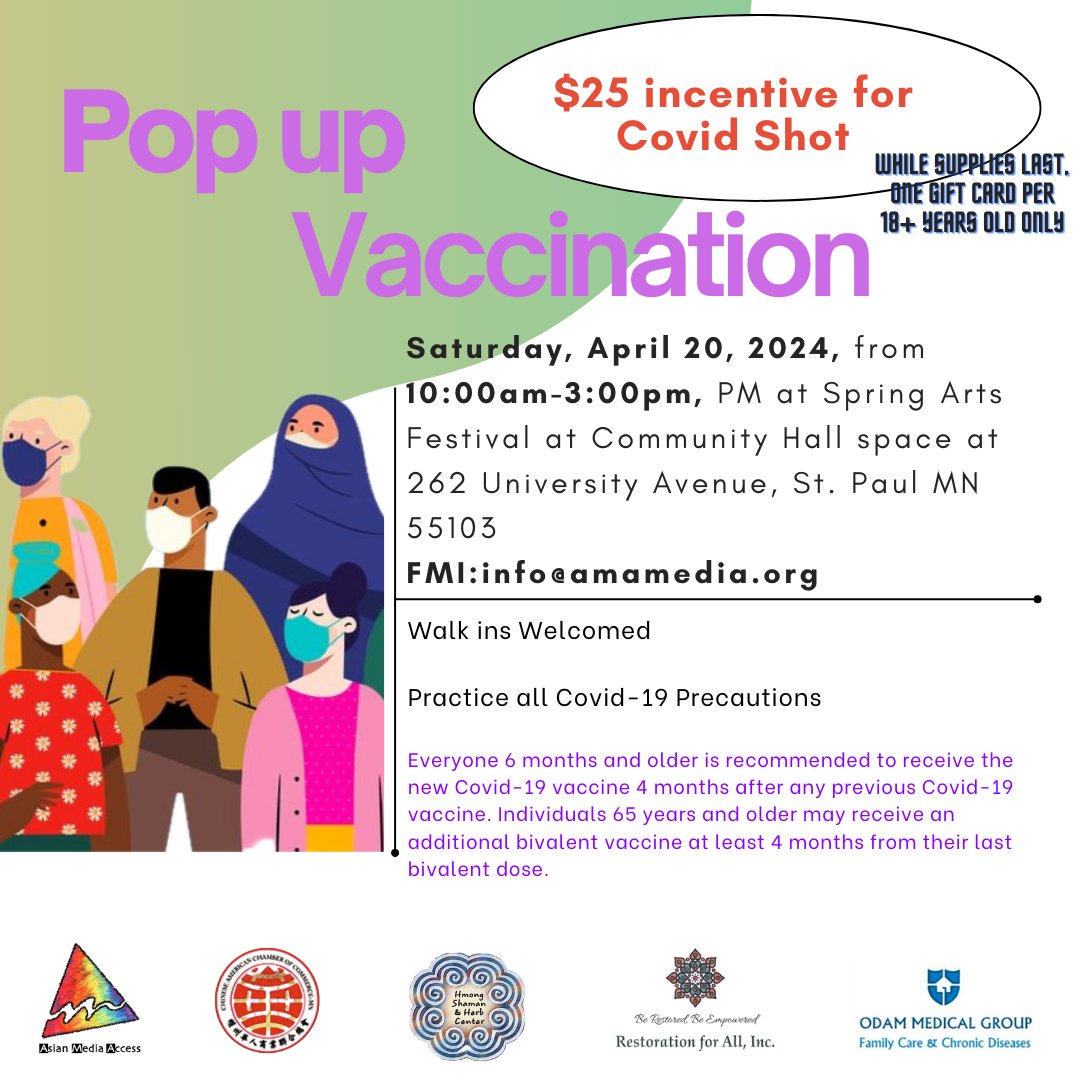 Join us this Saturday, April 20th, at the Community Hall Space on University Avenue in St. Paul for another vaccination event. Receive a COVID-19 vaccine with an incentive while enjoying the Spring Arts Festival!
#BoosterShot #AMA #YouGotThis #REACH #AMAProjectSUPPORT