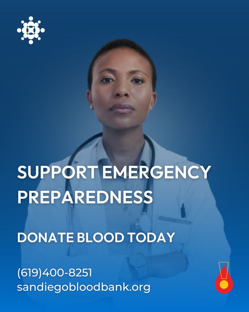 📢#BloodDonors! @sdbloodbank is on-call for the Blood Emergency Readiness Corps (BERC)! #DonateBlood this week to help ensure:
🏥Blood is on the shelves for local hospitals & ✈️we are prepared to aid national blood emergencies! 

All blood types needed! 🌟 hubs.ly/Q02sWG4g0