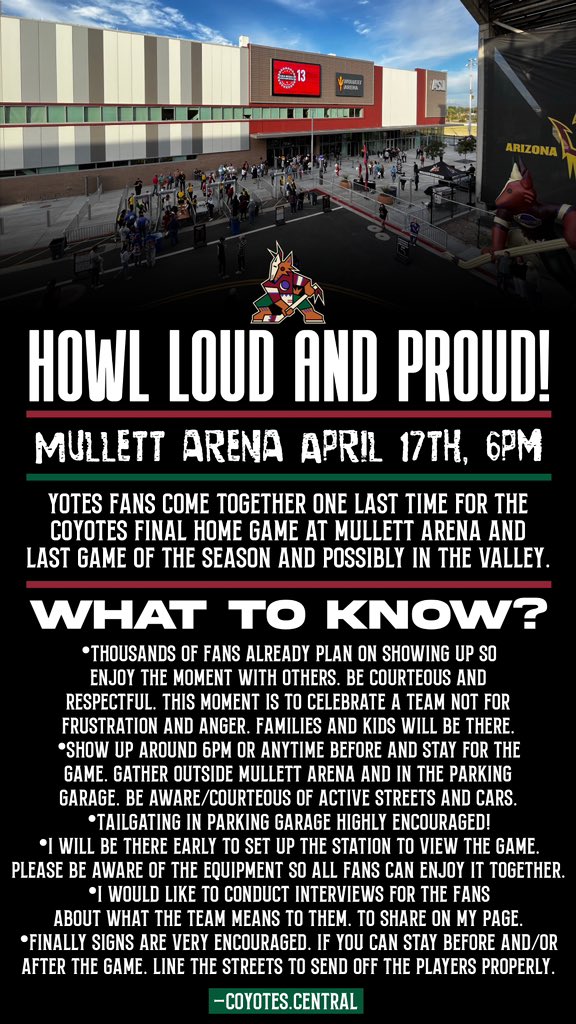 Keep sharing the word #yotes fans to anyone in Arizona who has ever cared about this team. Bring family and friends I will see you all there on Wednesday my second family. #OnePack #HockeyBelongsInTheDesert