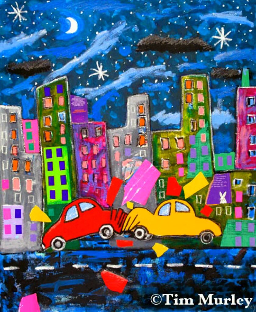 Downtown car crash. 🚗⚡️💥🚙  #MondayMood #distracteddriving #textingwhiledriving #drivers #keithharing #Monday #andywarhol #cars #carcrash #fenderbender #NYC #drivingschool #caraccident #carcrashes #artcommission #ArtistOnX #basquiat #collage #collageart #cityscape #artist #art