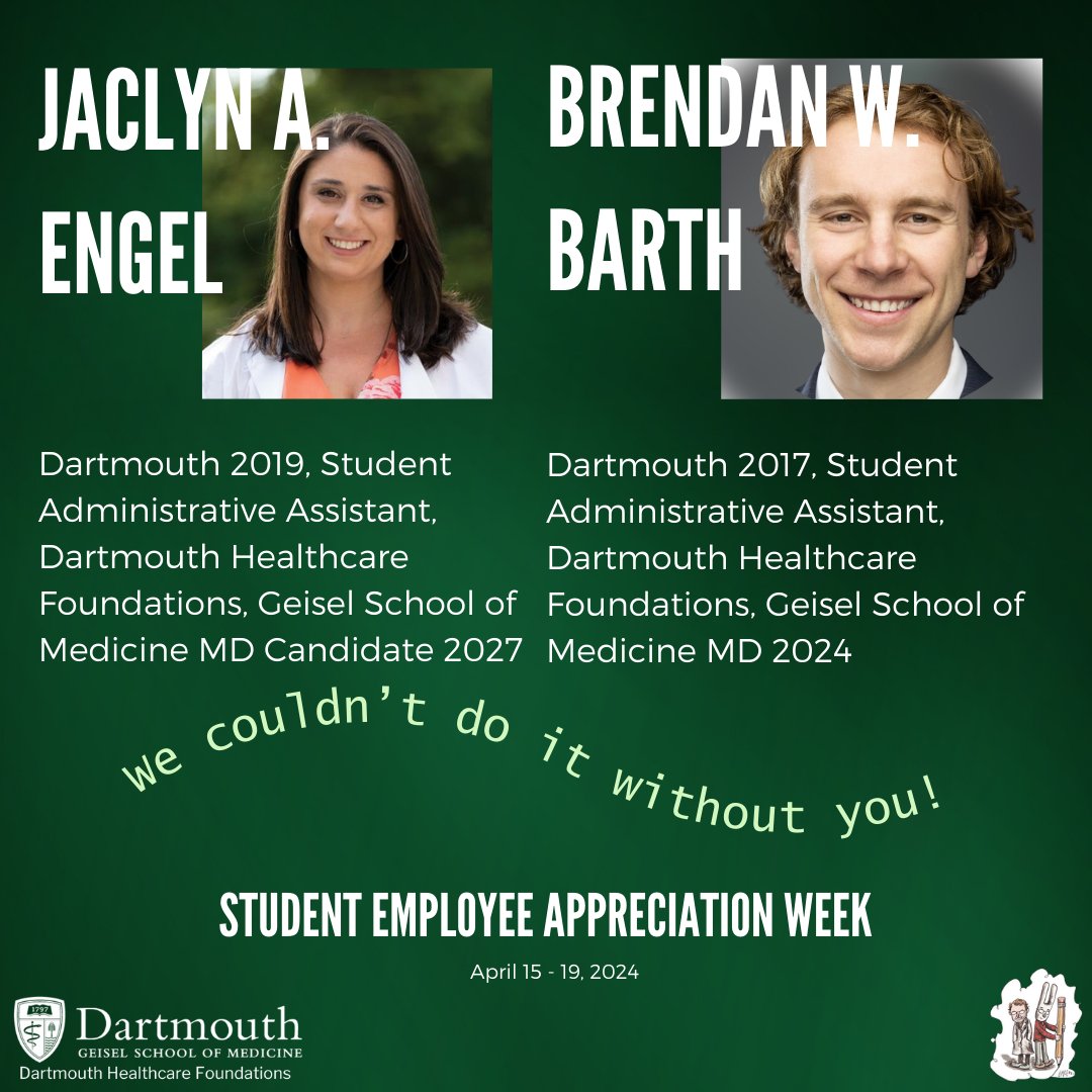 Student Employee Appreciation Week is this week, April 15 - 19, 2024. Join #DartmouthFoundations in recognizing the work and dedication of Jaclyn Engel and <a href="/BrendanBarth30/">Brendan Barth</a>, two amazing Dartmouth student employees!