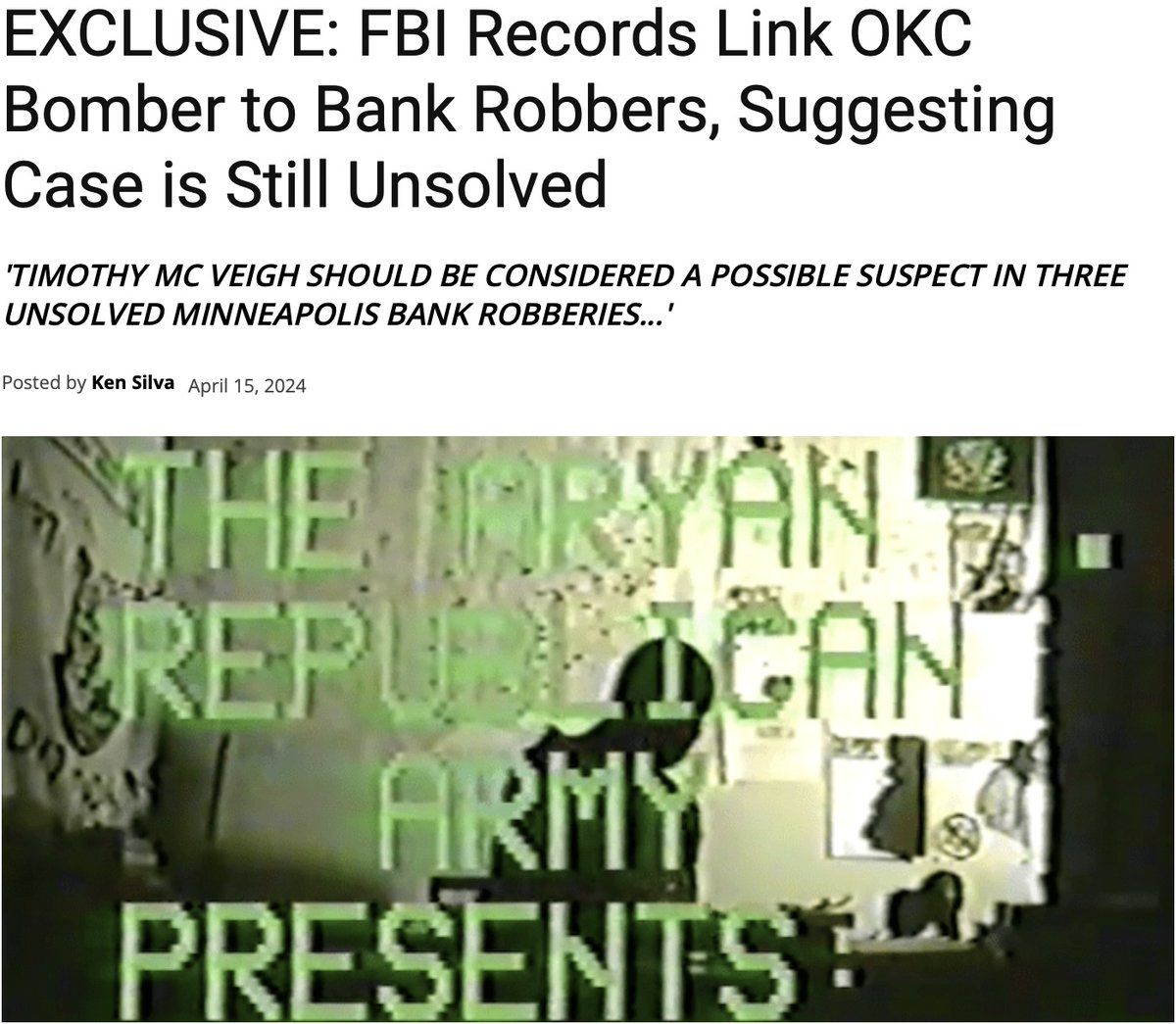 Friday marks the 29th anniversary of the OKC bombing, which officials such as AG Merrick Garland -- who worked on that case -- insist was done by a 'lone wolf'
But previously unpublicized records suggest Timothy McVeigh had help from bank robbers -- and federal informants
🧵