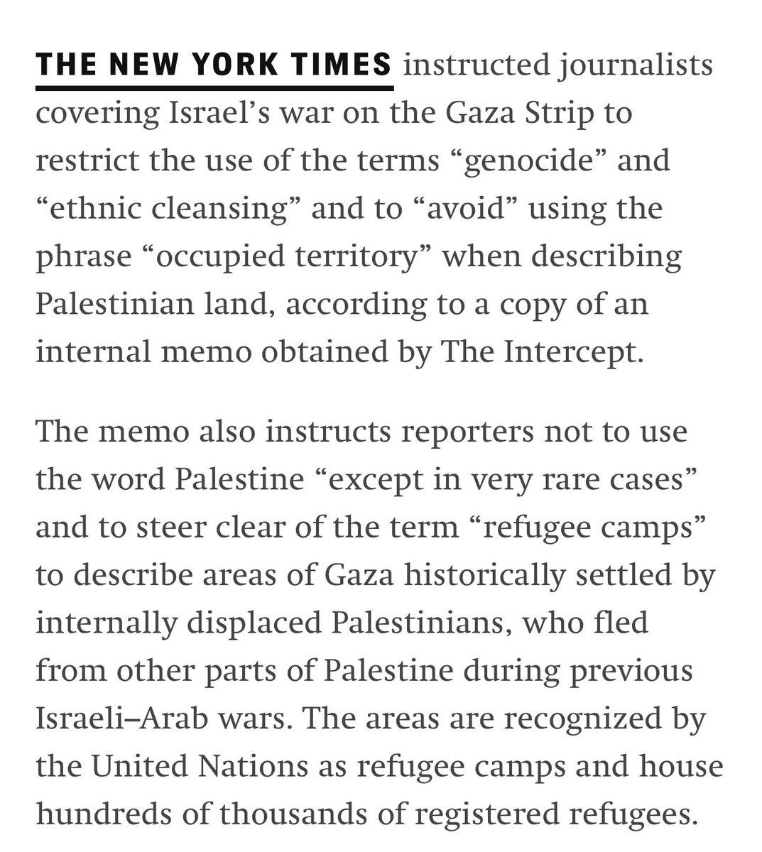 ‘The memo also instructs reporters not to use the word Palestine “except in very rare cases”’—This NYT memo was issued in November and has been regularly updated since. It shows that despite all the criticism, they are resolutely anti-Palestinian and committed to this genocide.