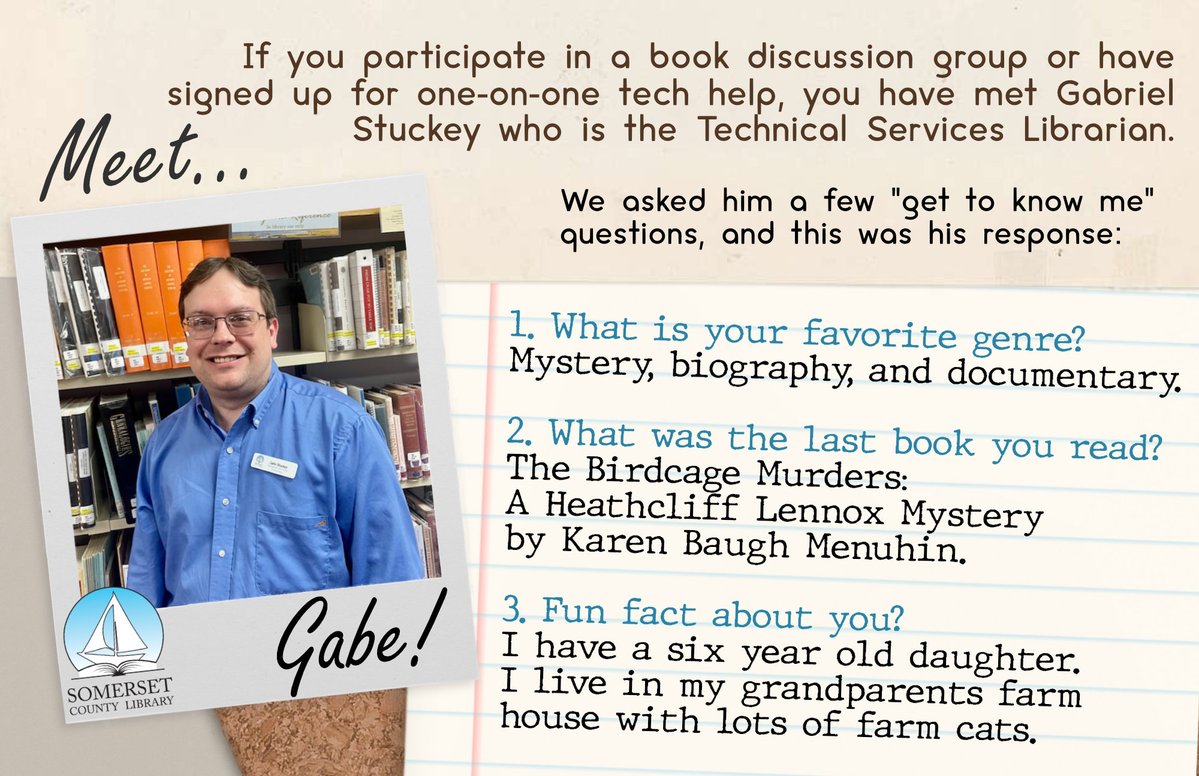 📚Team Tuesday📚
If you participate in a book discussion group or have signed up for one-on-one tech help, you have met Gabriel Stuckey who is the Technical Services Librarian. We asked him a few get to know me questions, and this was his response.
#teamtuesday #librarianday