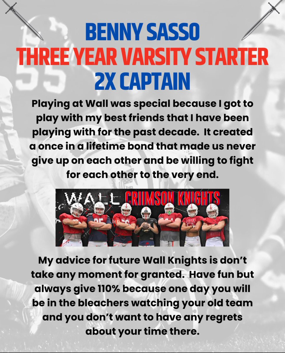 WallKnightsFB's tweet photo. 🗡️ Class of ‘24 Senior Spotlight 🗡️ @BennySasso 🗡️ 3 year Varsity Starter🗡️2 year Varsity Captain 🗡️ Benny exemplifies everything we want in a Wall Knight 🗡️ @EdGurrieri @coachrogers328 @WallAthletics 🗡️#stayhome 🗡️ #HONORingourtradition 🗡️#defineourfuture 🗡️ https://t.co/sLNeVUI8sZ