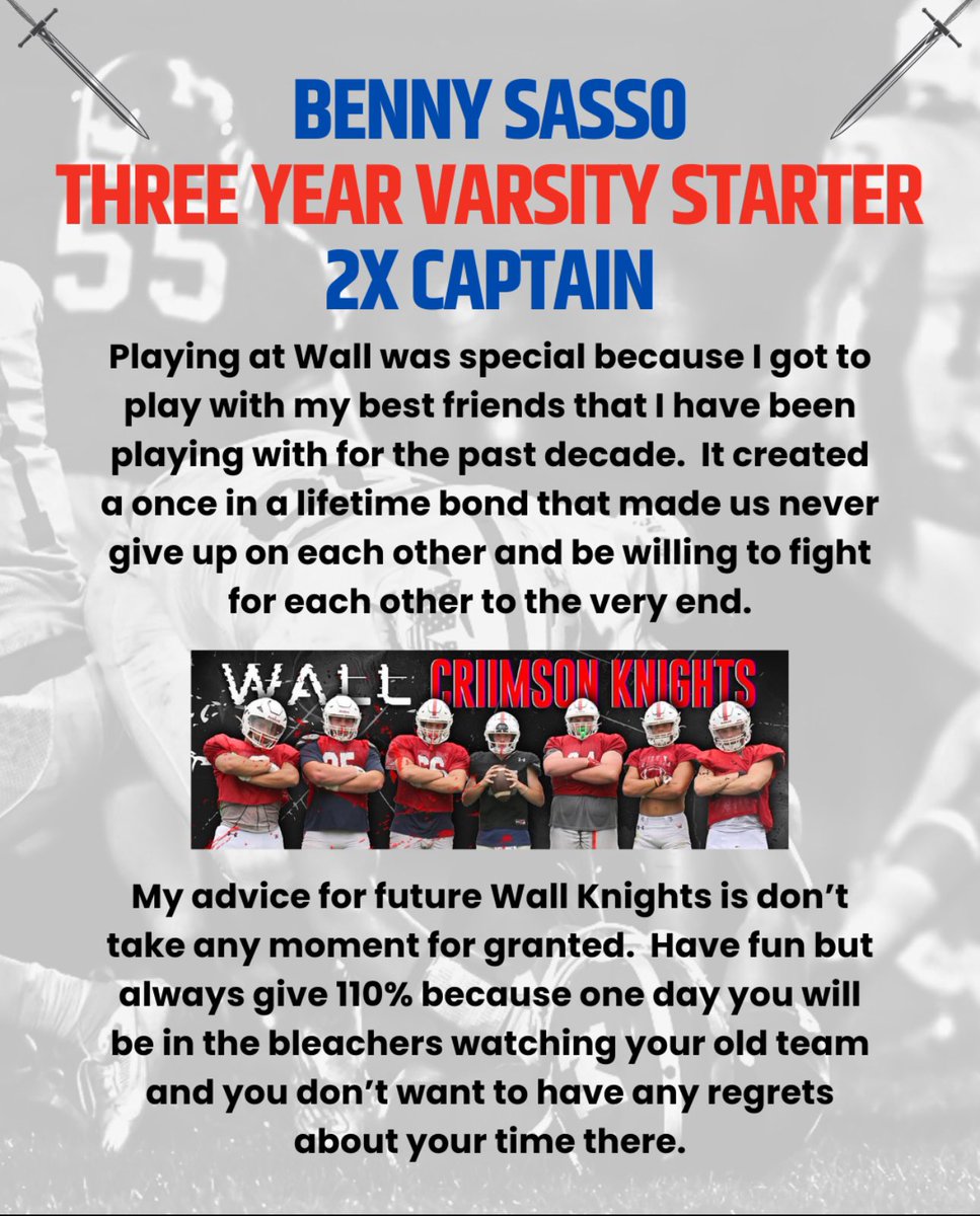 🗡️ Class of ‘24 Senior Spotlight 🗡️ @BennySasso 🗡️ 3 year Varsity Starter🗡️2 year Varsity Captain 🗡️ Benny exemplifies everything we want in a Wall Knight 🗡️ @EdGurrieri @coachrogers328 @WallAthletics 🗡️#stayhome 🗡️ #HONORingourtradition 🗡️#defineourfuture 🗡️