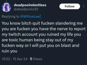 This person is a danger on Twitch, if I can use my platform to help others stay away from this kinda person, I will. 
You have a massive ban evader please do something <a href="/Twitch/">Twitch</a> this is all the same person: 

Deadpoolrelentless87
Deadpoolrelentless25
Deadpoolrelentless43
🧵👇