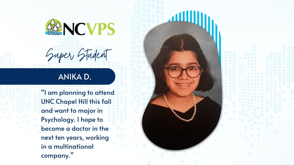 Anika enjoys Indian classical dance class, yoga, volunteering, and her mom's cooking! She also speaks 4 languages plans to become a pediatrician! 👩‍⚕️ Good luck at UNC! 🩵 ncvps.org/meet-super-stu… #WeAreNCVPS #NorthCarolina #VirtualLearning #OnlineLearning #SuperStudents #NCVPS