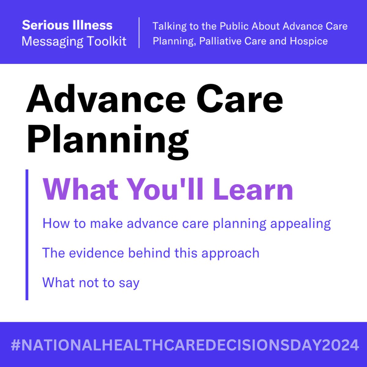 National Healthcare Decisions Day is just one day away! The idea behind advance care planning is what resonates: it's about choice. Use the Advance Care Planning Quick Guide for messaging tactics & tools on how to engage others in ACP conversations! #NHDD seriousillnessmessaging.org/quick-guides/a…