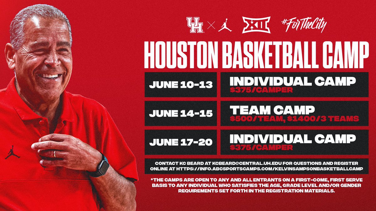 It's time for @CoachSampsonUH Summer Camps... We've got 2 Individual & 1 Team camp in June... Don't wait to register! VISIT bit.ly/3exEaRR to sign up today #ForTheCity x #GoCoogs