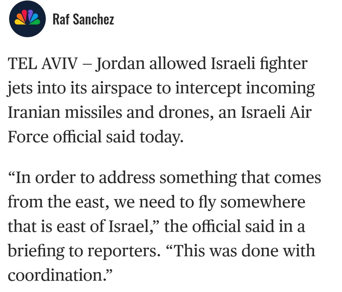 NEW: Jordan allowed Israeli fighter jets into its airspace to intercept incoming Iranian missiles and drones — NBC News