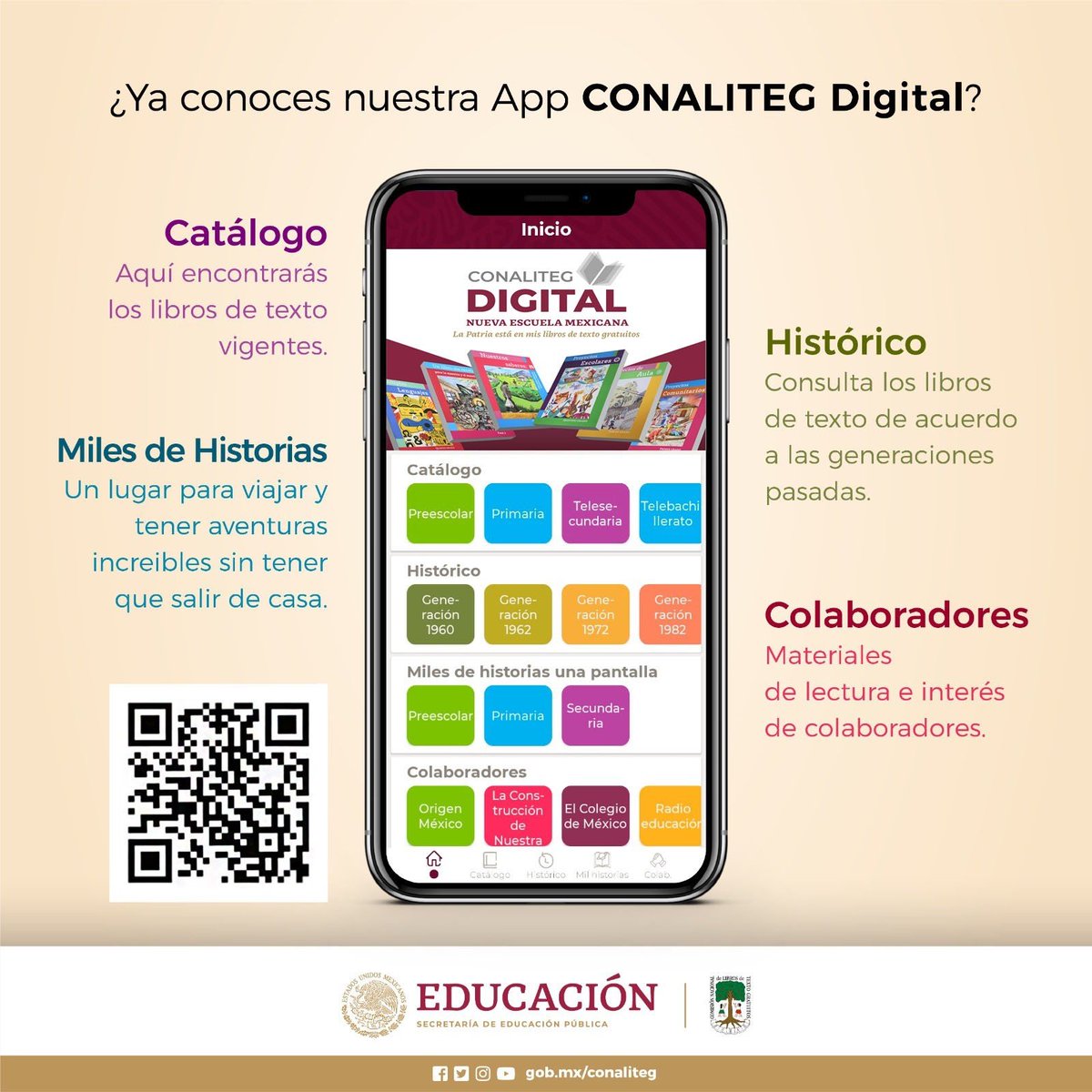 descarga la App CONALITEG Digital de forma gratuita para los sistemas iOS y Android en: bit.ly/conaliteg 🔽