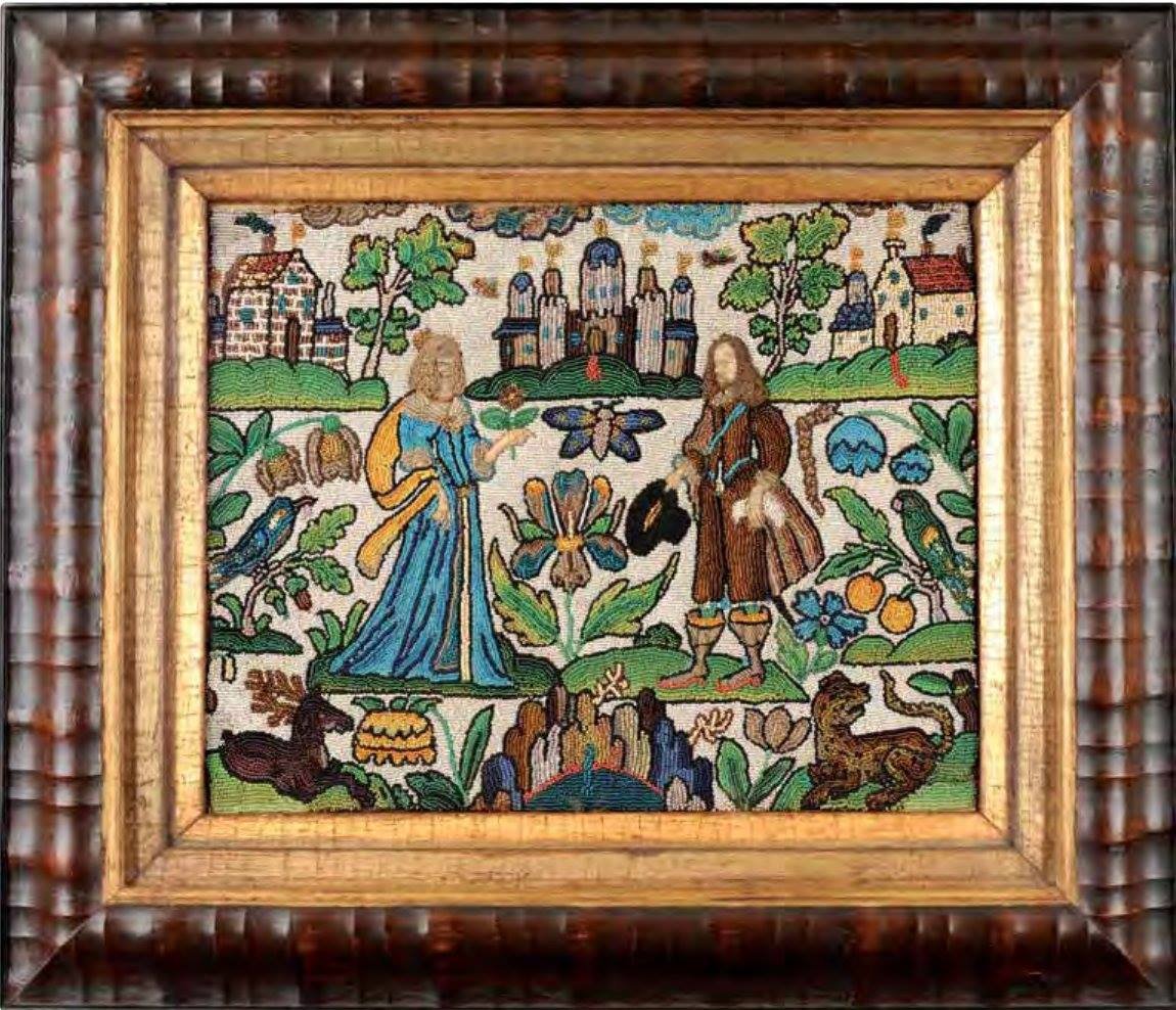A beadwork delight from the archive! This beadwork panel was likely made to commemorate a betrothal or marriage. The composition comprises a well-dressed couple centrally positioned in a garden landscape of exotic fauna and flora, he with a doffed hat and she proffering a flower