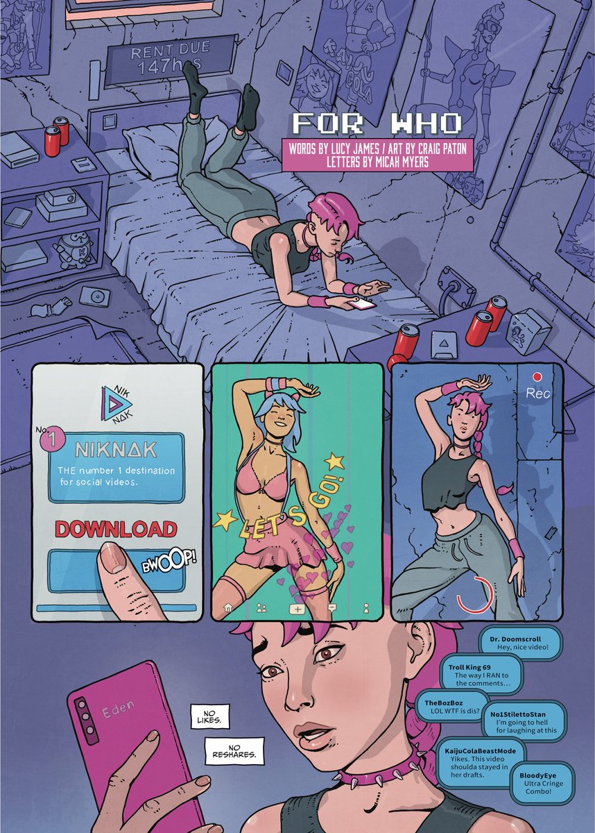 ‘For Who’ is one of 20+ short stories in Killtopia: Nano Jams, our new cyberpunk anthology comic about media tech gone wild in Neo Tokyo. Words: @lucyjamesgames Art: @CraigPaton Letters: @micahmyers Back our Kickstarter to preorder your copy: tinyurl.com/2mwerf3s