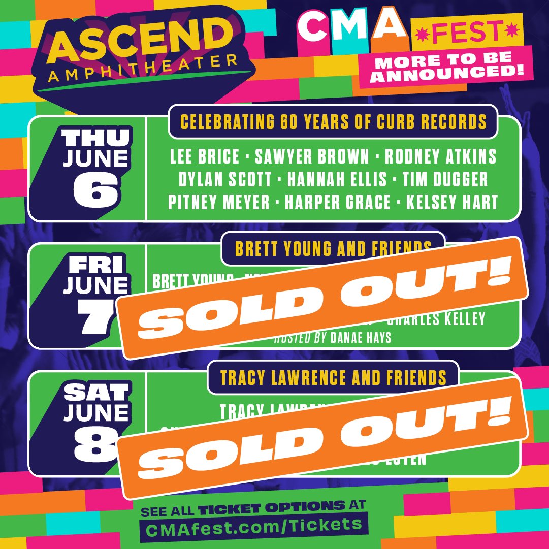 Country Music fans, you've outdone yourselves! Friday AND Saturday shows at @Ascend_Amp for #CMAfest are SOLD OUT! 🎉 There's still time to grab your tickets for Thursday and join in on the party, but hurry - they're selling fast! CMAfest.com/tickets