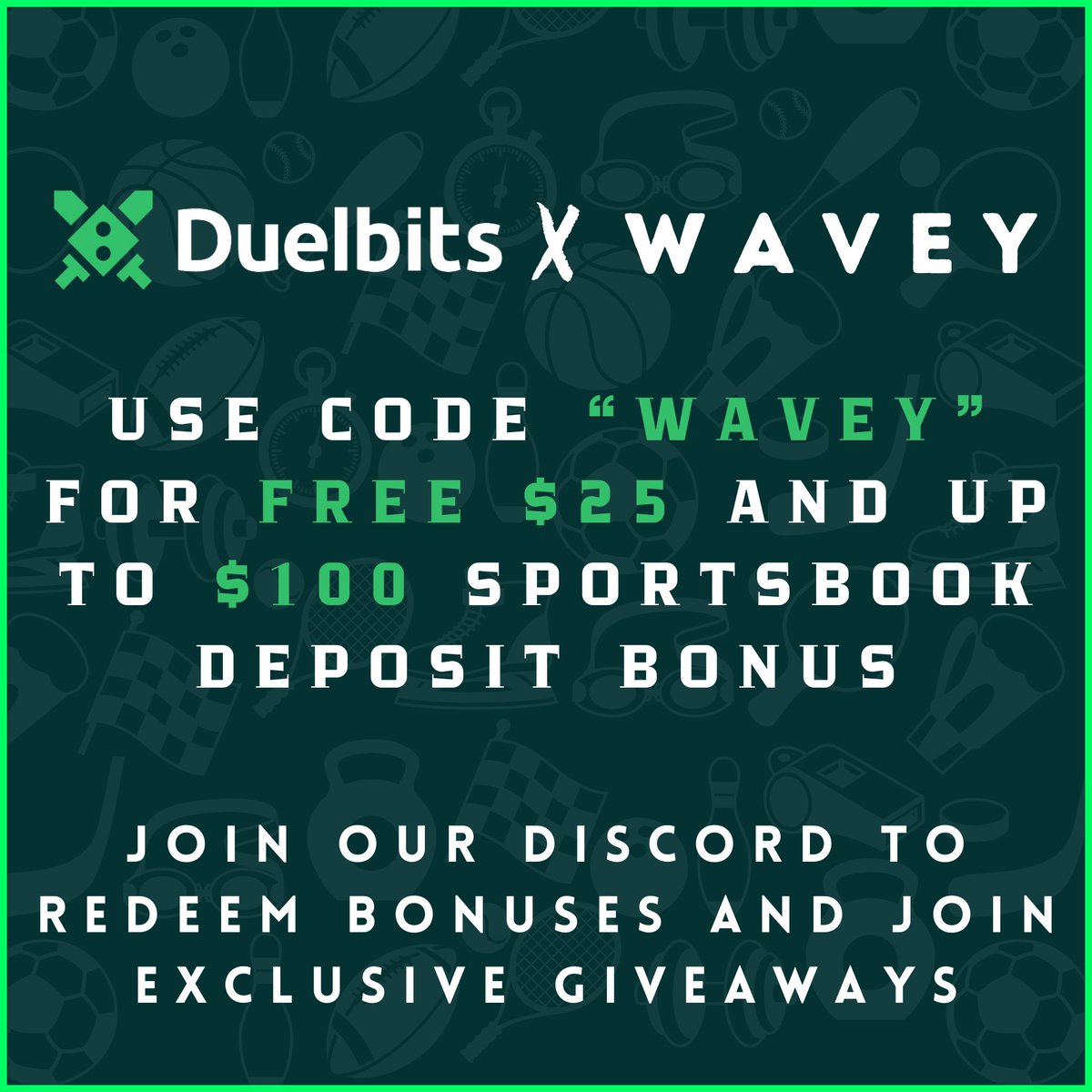 WaveyGambles's tweet photo. Use code "Wavey" on Duelbits to receive free $25 on your $50 depo, and up to $100 in free bets on your first deposit of $100 after completing the wager requirement!
https://t.co/F1utN7UtzS
Join our Discord to learn more and open a ticket to redeem the $25
https://t.co/3J0PISqx6q https://t.co/mubr5W3GPv