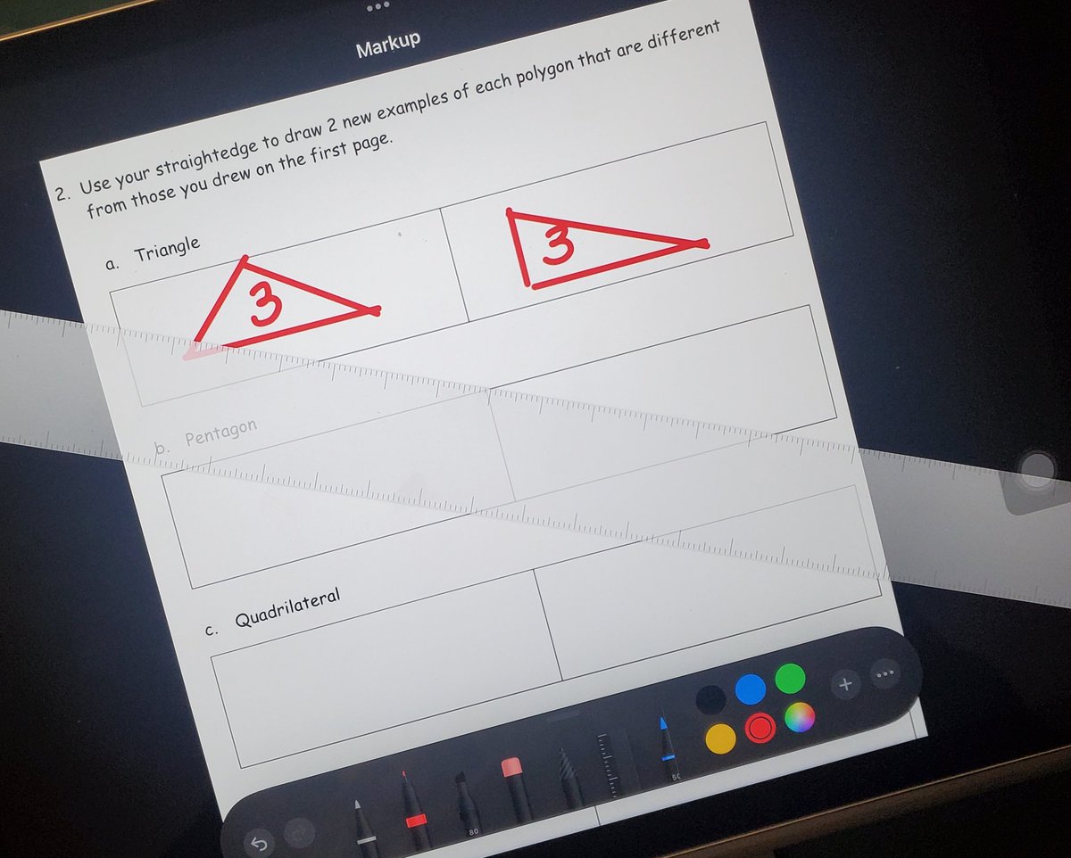 kimperclefarias's tweet photo. Composing 2D shapes using different objects like toothpicks, dried spaghetti, geoboards, and rulers to draw straight sides #AppleMarkup #EurekaMath #RISDweareone https://t.co/JjAGpIzYLn