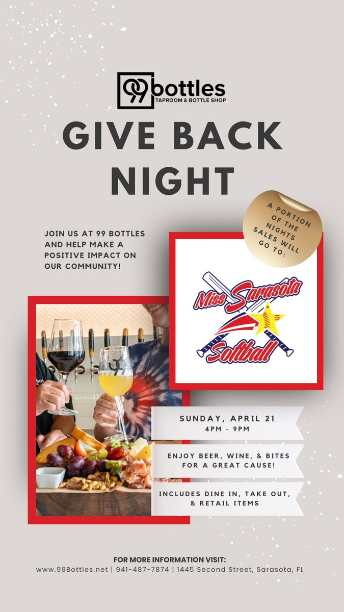 Join me on Sunday at 99 Bottles in downtown Sarasota for a Give Back Night in support of Miss Sarasota Softball! A portion of all sales between 4 PM and 9 PM will go towards MSS. Not only do they have an amazing beer selection but also a delicious menu and many NA options.