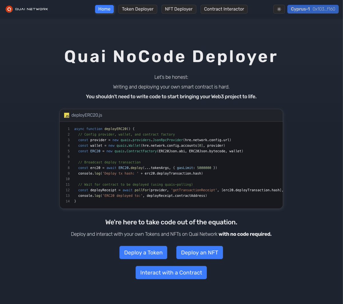 Juuuuuddi's tweet photo. You no longer have to blind yourself while no-code deploying contracts on quai😃
Dark mode + color upgrades inspired by @fiveoutofnine's radix ui build
Minor bug fixes for Pelagus connection with other wallets installed
give it a whirl🫡 https://t.co/8ENXKXyl1m