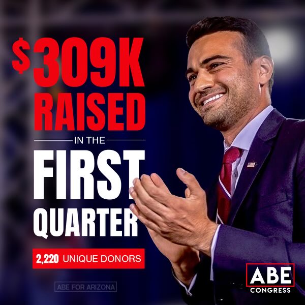 Over $309,000 raised this quarter! Thank you Arizona and to our over 2,200 donors. I am proud to be in this race for Arizona’s 8th Congressional District and fighting for the America we love with President Trump. 🇺🇸