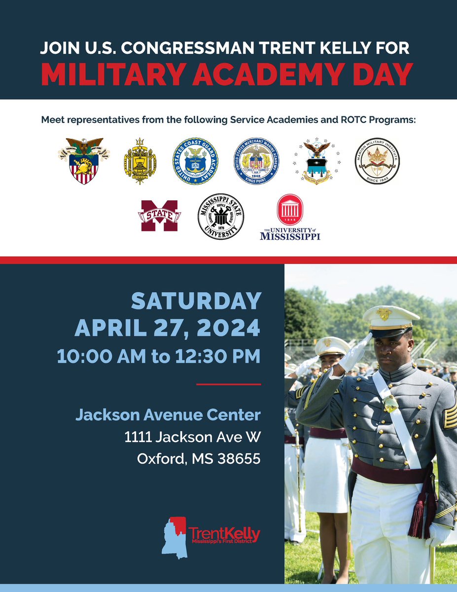 I am pleased to host Military Academy Day 2024! For more information, please contact Robert Smith at (662) 687-1540 or Robert.Smith@mail.house.gov and Pam Tolbert at (662) 873-1963 or Pam.Tolbert@mail.house.gov.