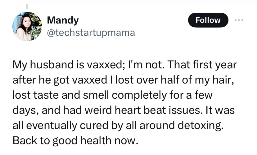 Unvaccinated Mandy says she lost half of her hair in the first year after her husband was vaccinated.