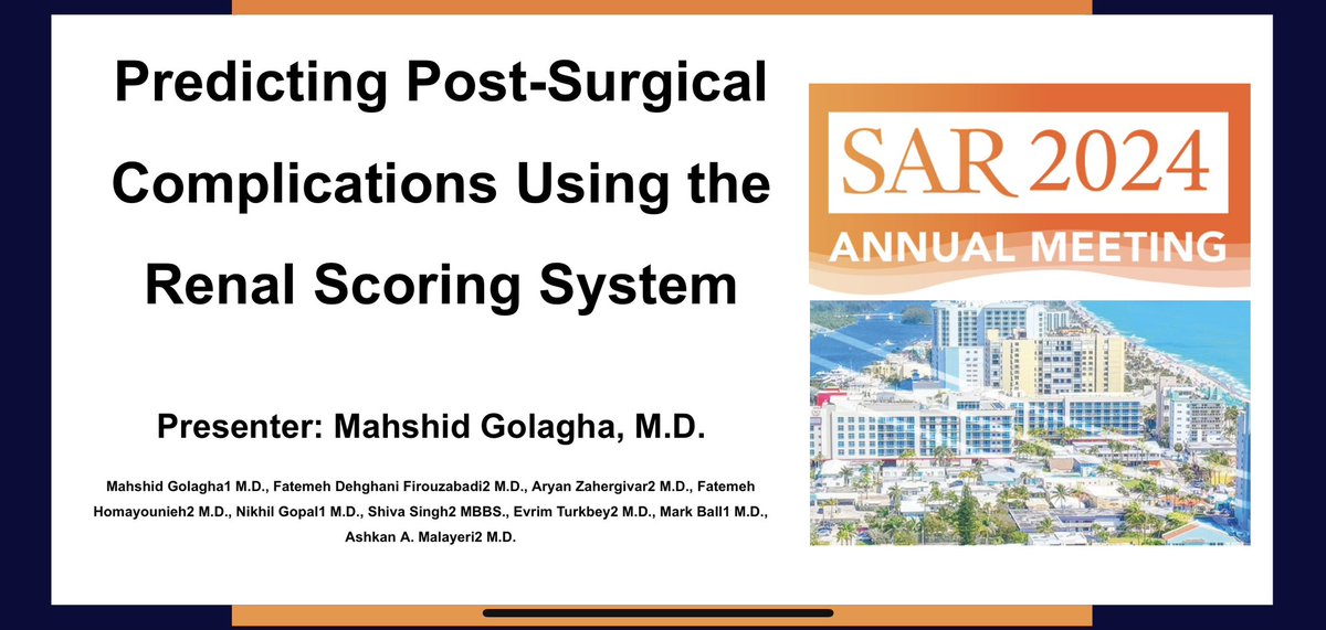 Don't miss out on our educational exhibit 'Predicting Post-Surgical Complications Using the Renal Scoring System' at #SAR24 , EE33. @aamalayeri @NIHRadiology @NCICCR_UroOnc @SocietyAbdRad