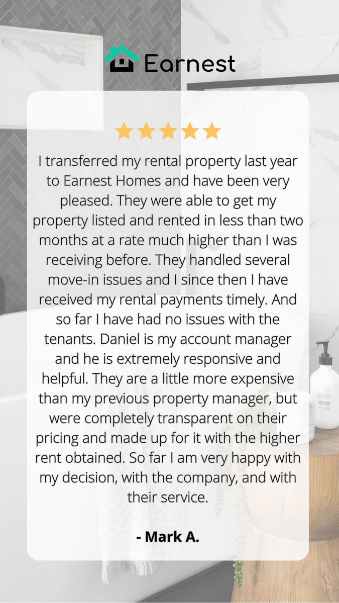 Another satisfied client! Mark shares his positive experience with Earnest Homes. 🌟If you're seeking hassle-free property management with transparent pricing and excellent service, look no further!
#SatisfiedClient #HassleFreeManagement #PropertyGoals