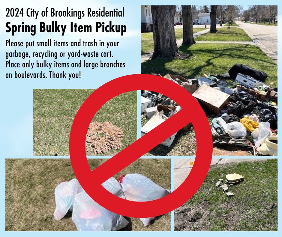 brookingsinfo's tweet image. Spring Bulky Item Pickup is underway! Please place only bulky items, including large branches, on boulevards. Put smaller items and trash in the appropriate cart. Learn more at cityofbrookings-sd.gov/BulkyItemPickup. #SpringBulkyItemPickup #SpringCleanup #CityOfBrookings #BrookingsSD