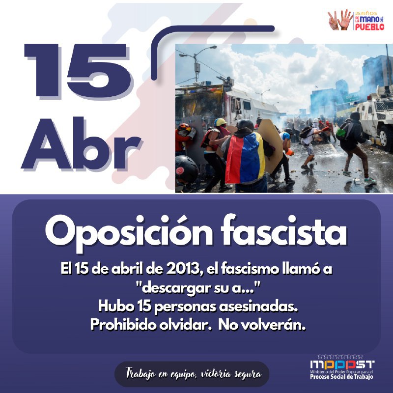 #Efeméride || No podemos olvidar que el #15Abr del 2013, la derecha fascista llamó a la violencia en su intento de desestabilizar al país. La violencia nunca será el camino. Venezuela es un pueblo de Paz.