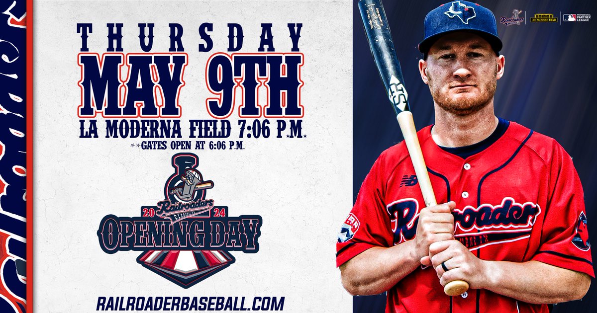 The countdown to Opening Day is ON! We'll see you at La Moderna Field on May 9th for an unforgettable kickoff celebration to the season!

🎟 bit.ly/3uITfLn

#AllAboard #railroaderbaseball