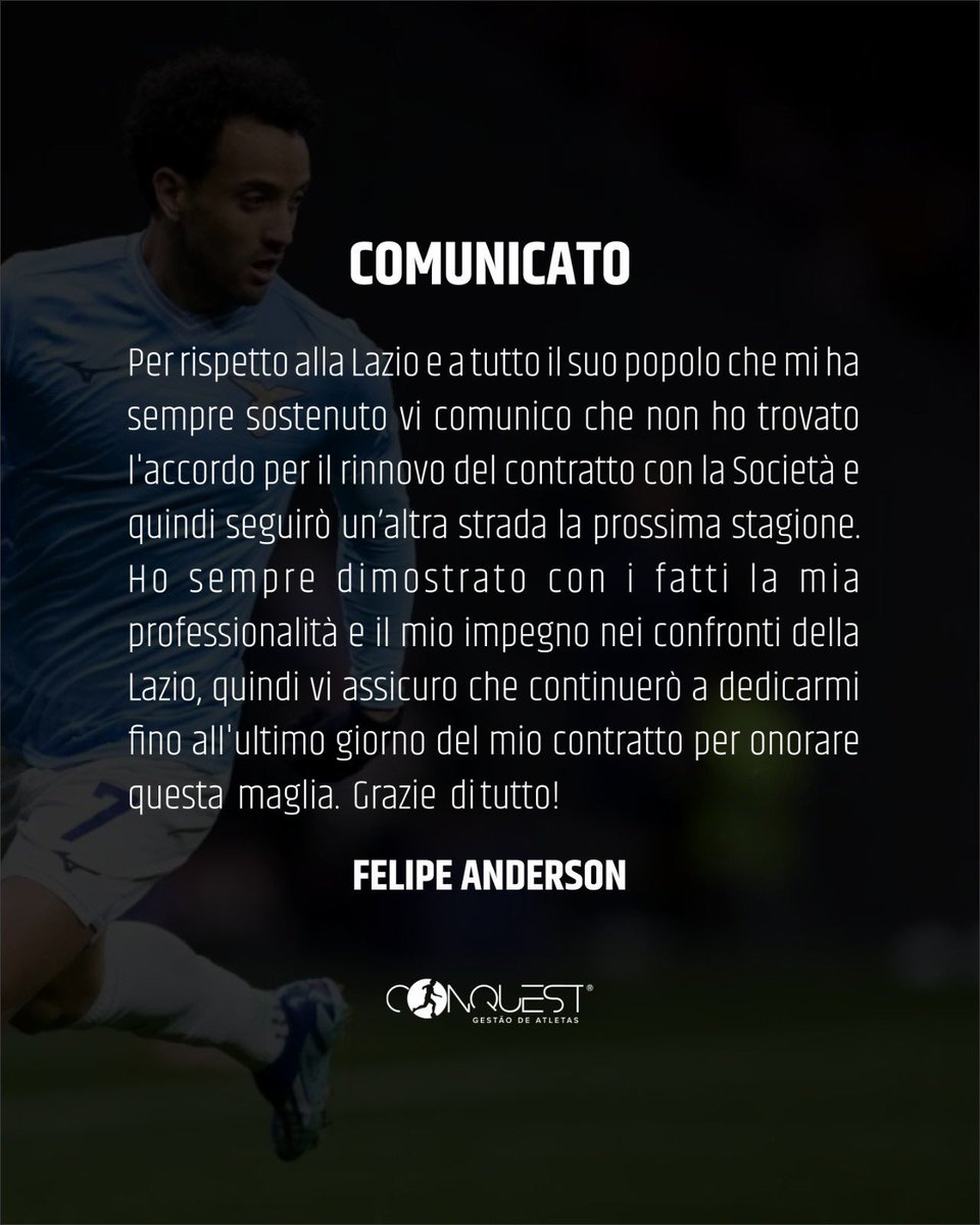 🚨| Felipe Anderson confirms he is leaving Lazio at the end of the season.