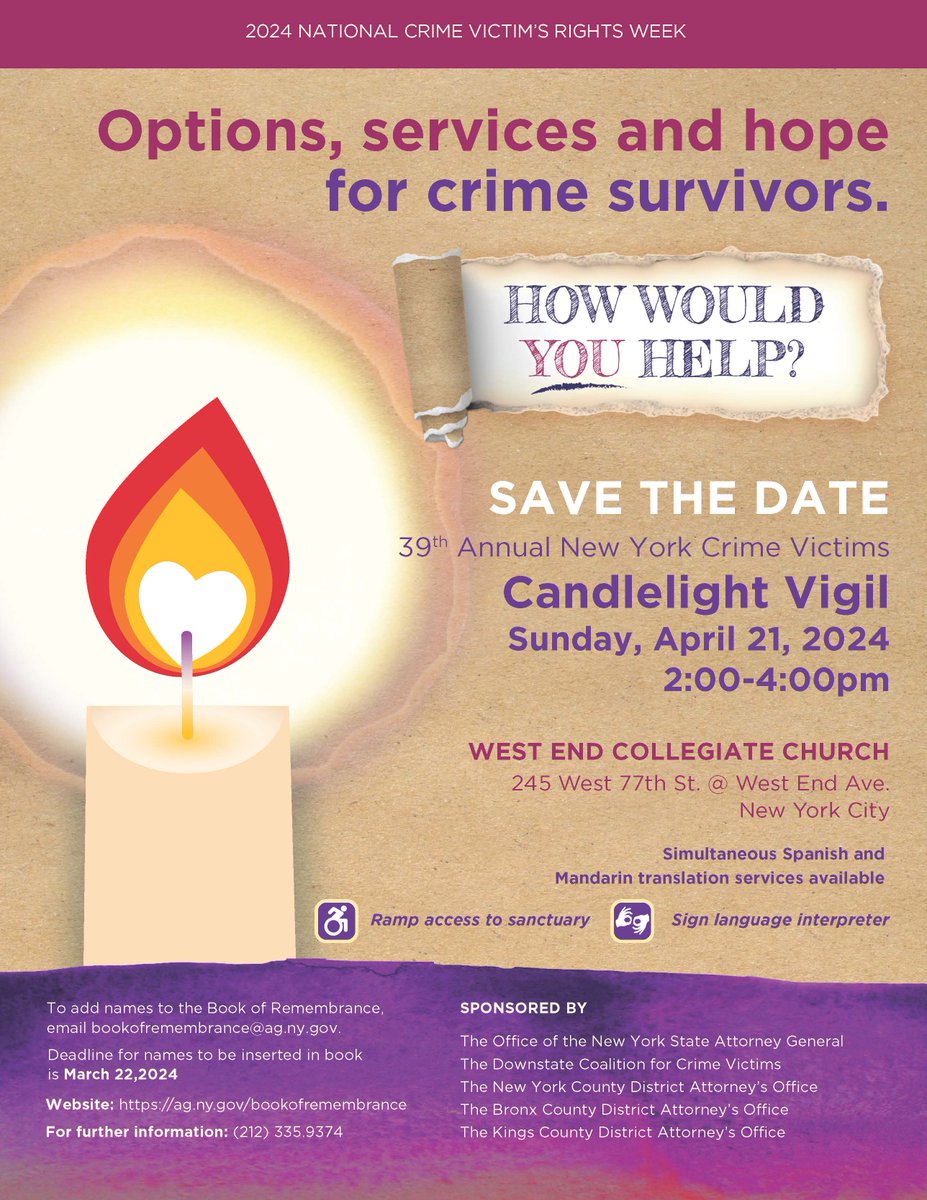 🕯️ **Join us for the 39th Annual NYC Crime Victims Candlelight Vigil** 🕯️ 🗓️ April 21, 2024 🕑 2:00-4:00pm 📍 West End Collegiate Church, NYC Let's support crime survivors and honor those affected by violence. Contact (212) 335.9374 for details. #NationalCrimeVictimsRightsWeek