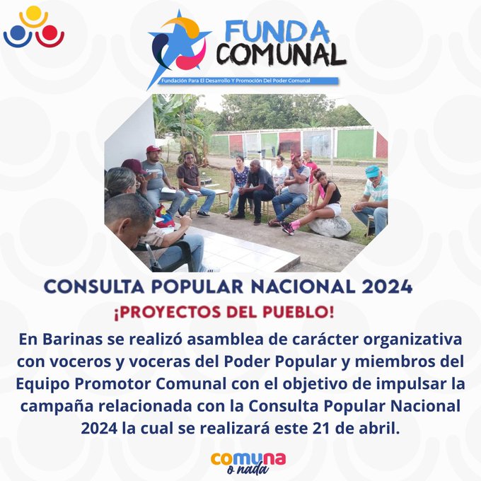 En Barinitas, asamblea organizativa vocerías del Poder Popular y miembros del Equipo Promotor Comunal con el objetivo de impulsar la campaña relacionada con la Consulta Popular Nacional 2024 la cual se realizará este 21 de abril. #ComunaONada @NicolasMaduro @GuyVernaez